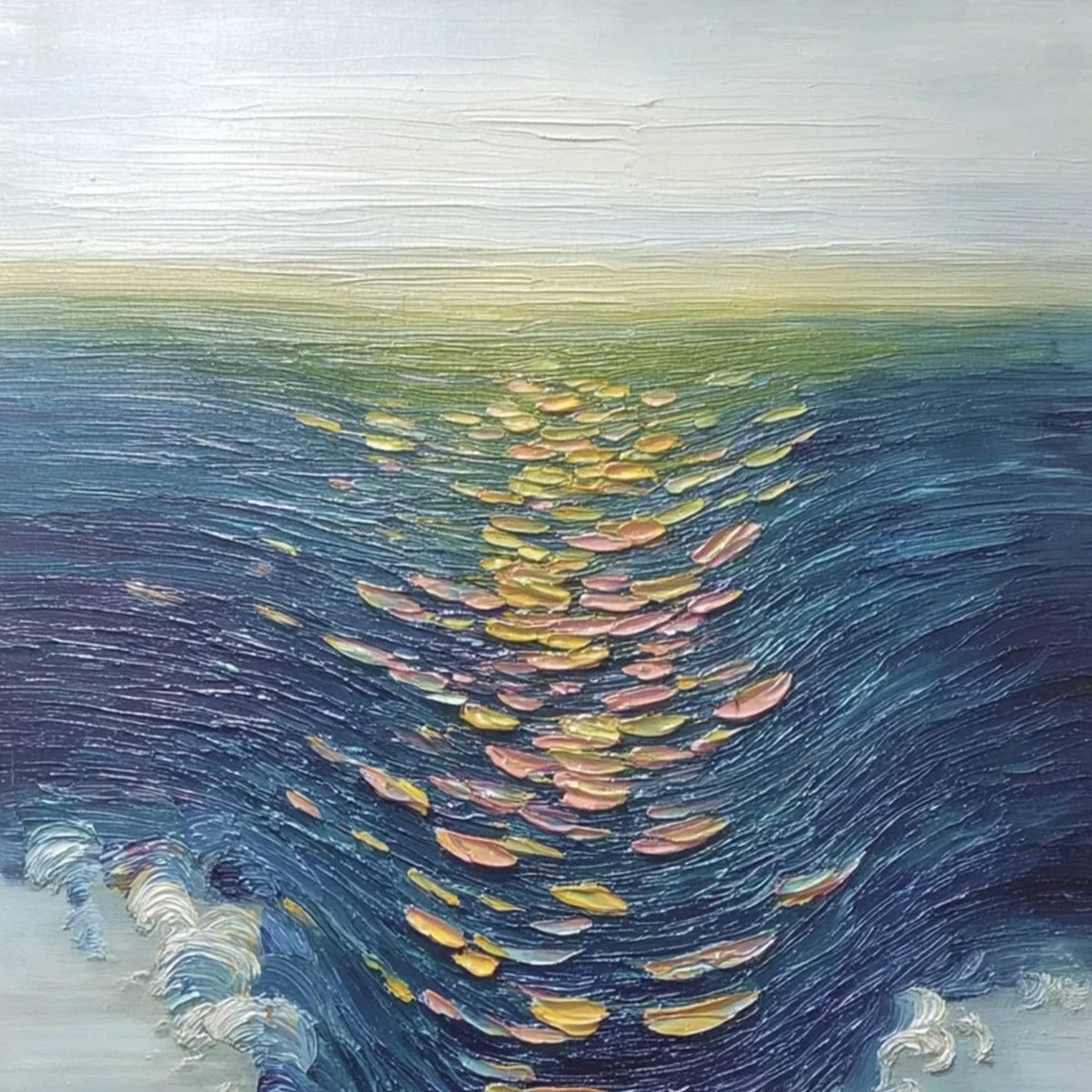 COASTAL GLOW: Textured Impasto Ocean Sunset Abstract Oil Painting - Image 3