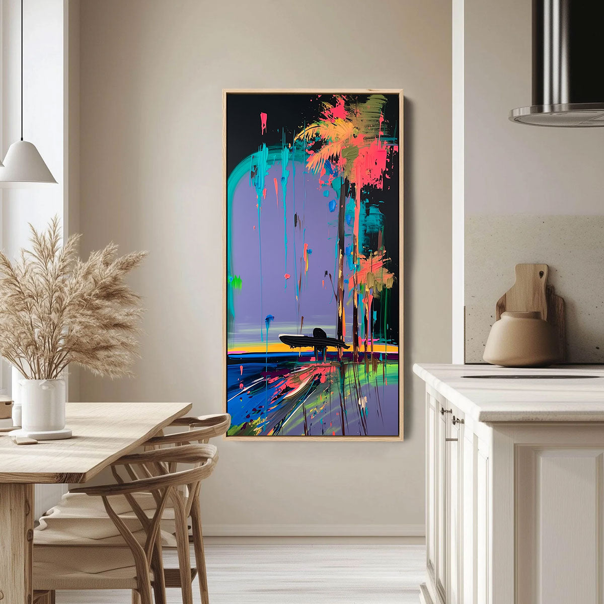 COASTAL RUSH: Vibrant Abstract Surfer and Palm Tree Oil Painting - Image 2