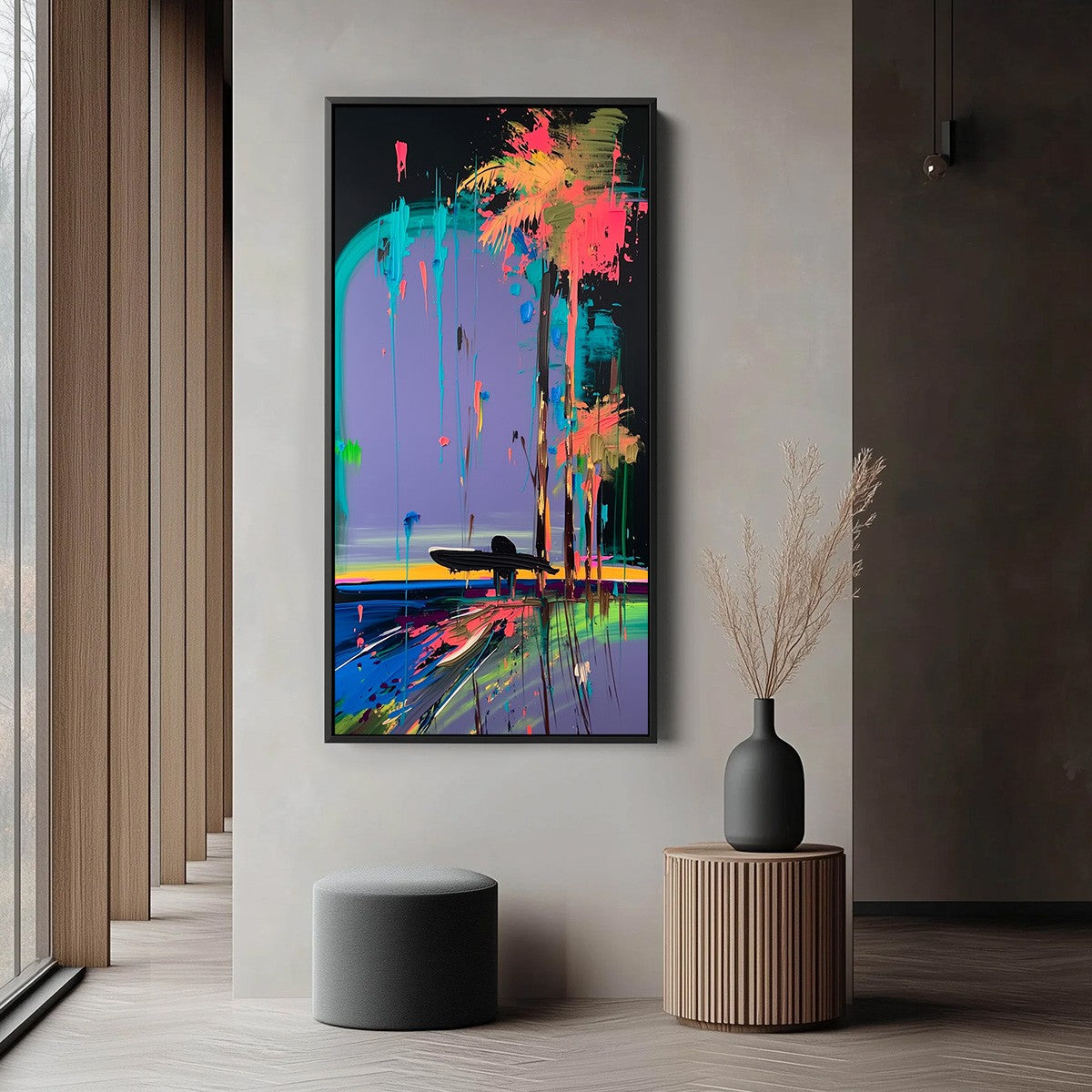 COASTAL RUSH: Vibrant Abstract Surfer and Palm Tree Oil Painting - Image 5