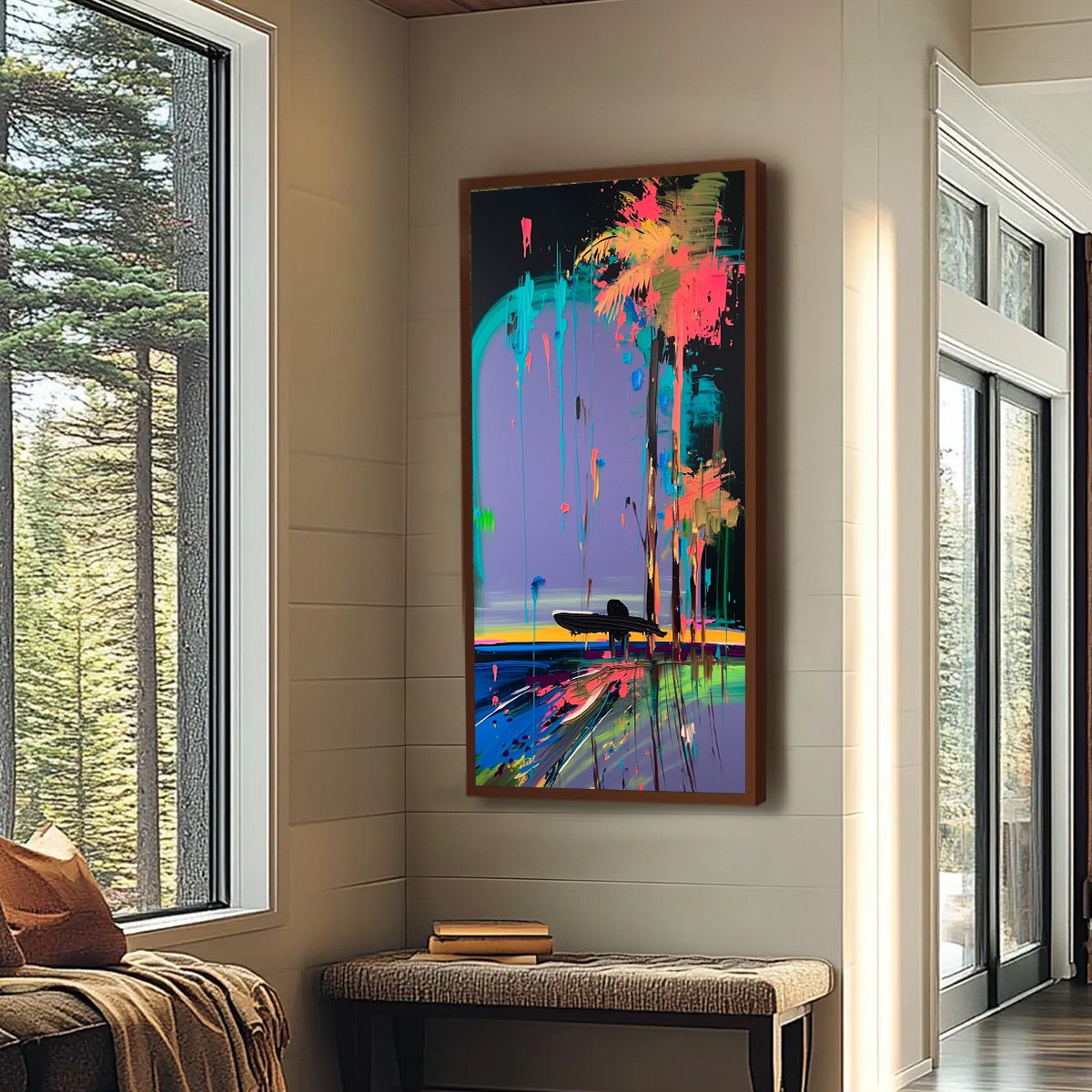 COASTAL RUSH: Vibrant Abstract Surfer and Palm Tree Oil Painting - Image 6