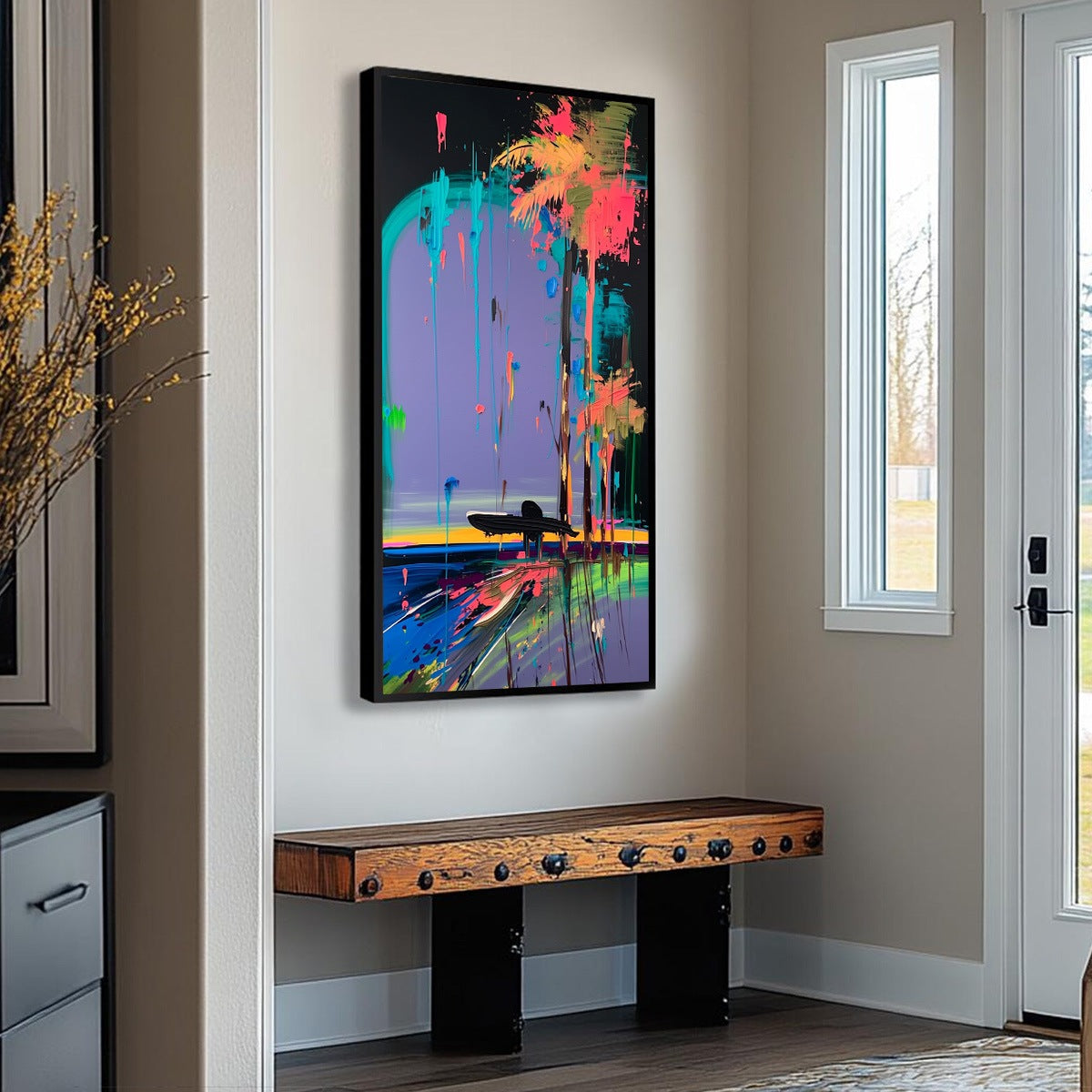 COASTAL RUSH: Vibrant Abstract Surfer and Palm Tree Oil Painting - Image 4
