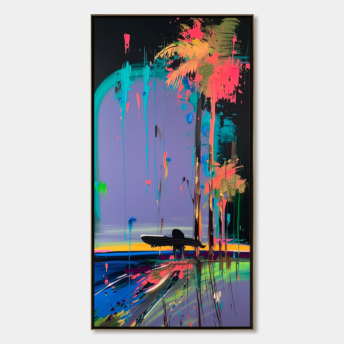 COASTAL RUSH: Vibrant Abstract Surfer and Palm Tree Oil Painting