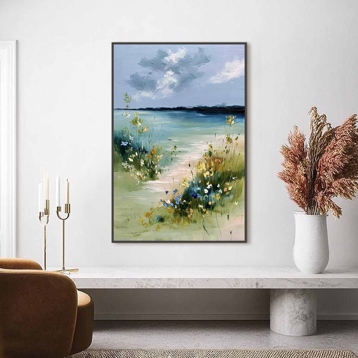 COASTAL SERENITY: Textured Vertical Seascape Painting with Wildflowers - Image 2