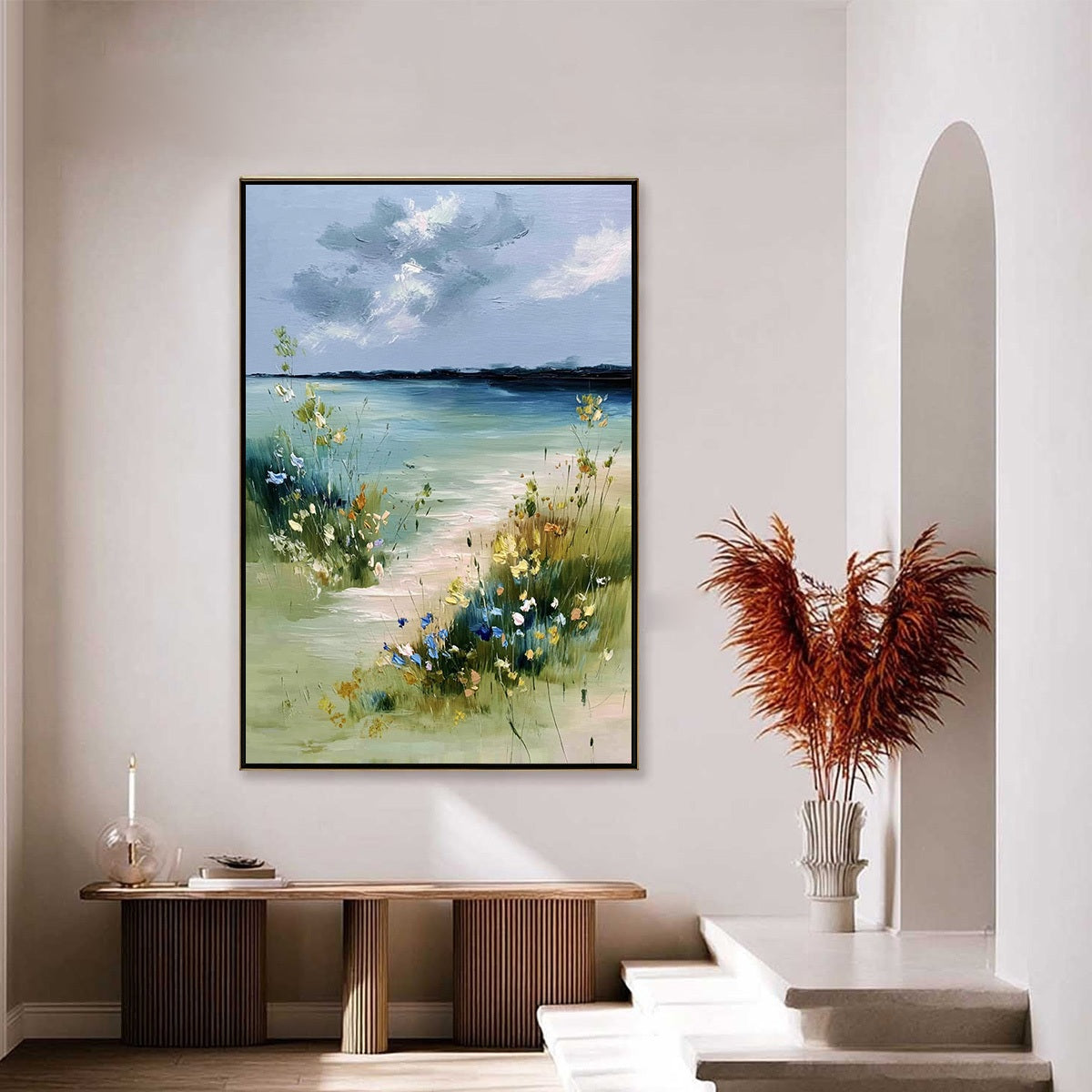 COASTAL SERENITY: Textured Vertical Seascape Painting with Wildflowers - Image 4