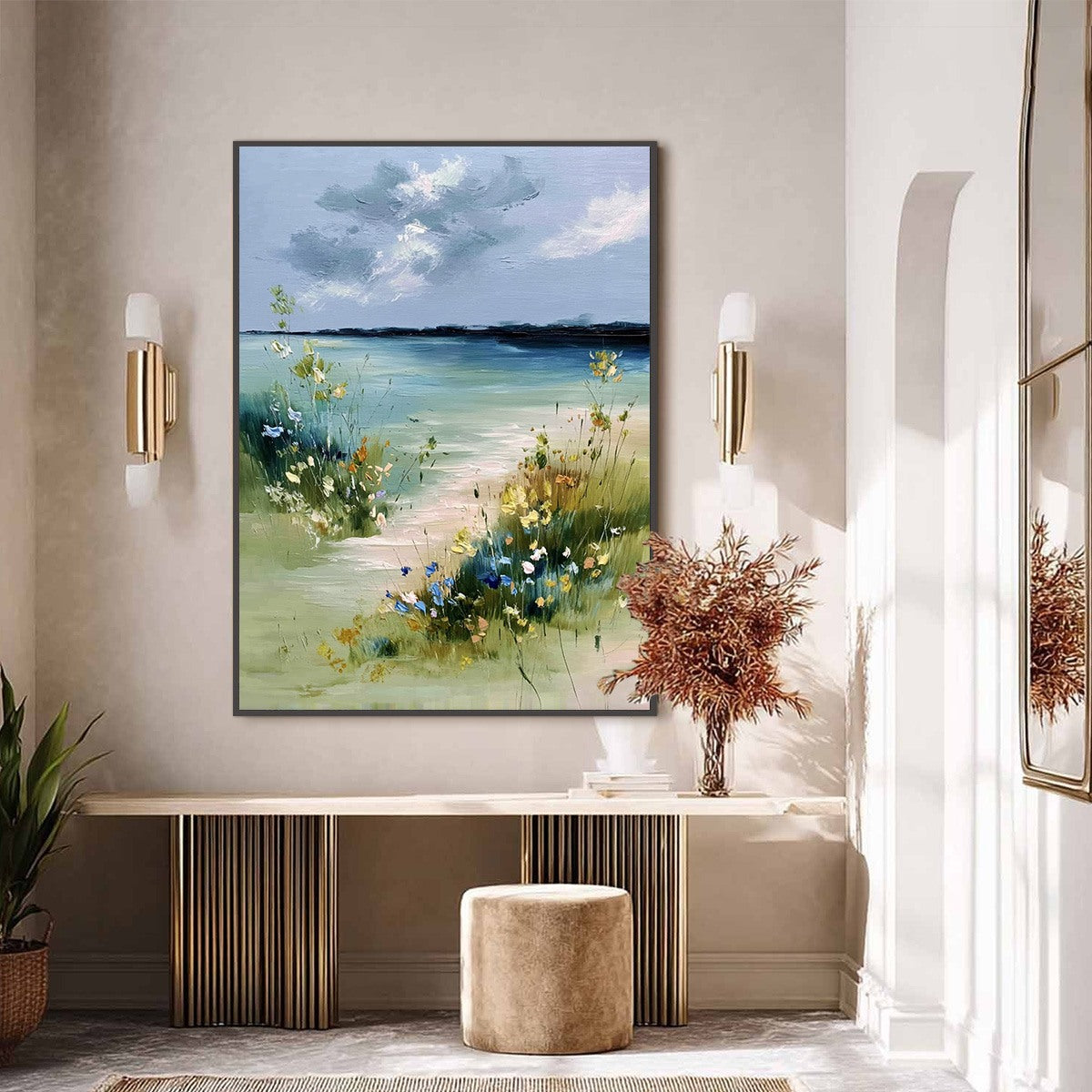 COASTAL SERENITY: Textured Vertical Seascape Painting with Wildflowers - Image 6