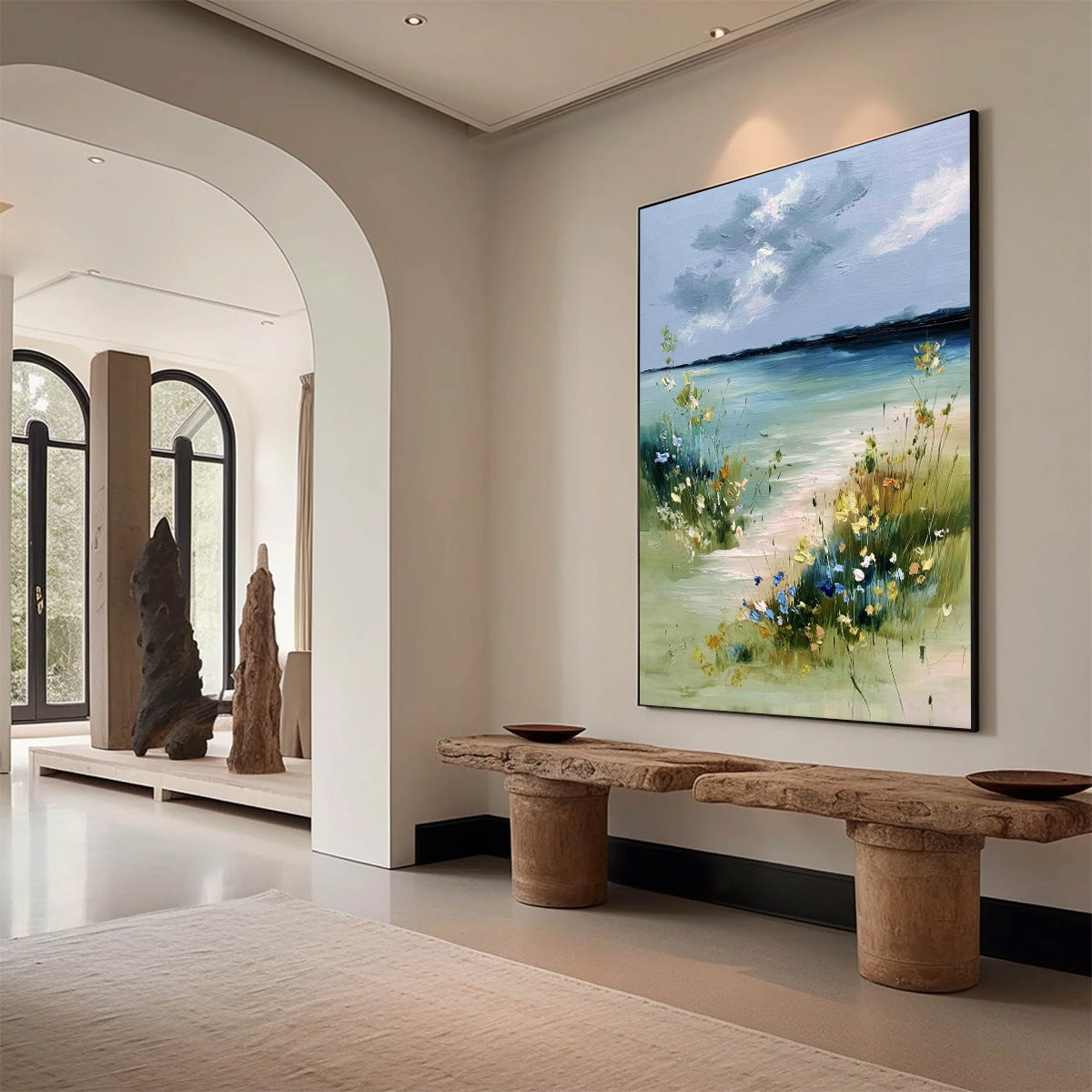 COASTAL SERENITY: Textured Vertical Seascape Painting with Wildflowers - Image 7