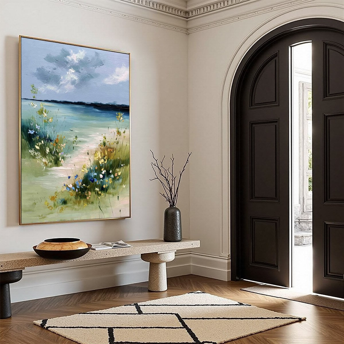 COASTAL SERENITY: Textured Vertical Seascape Painting with Wildflowers - Image 8