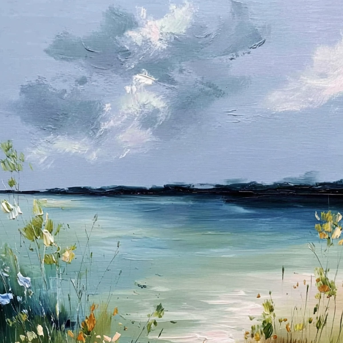 COASTAL SERENITY: Textured Vertical Seascape Painting with Wildflowers - Image 3