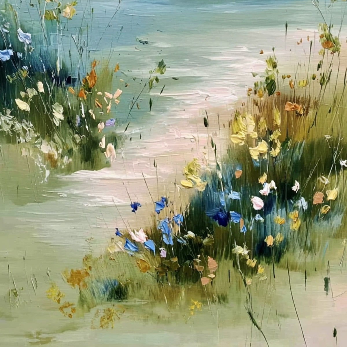 COASTAL SERENITY: Textured Vertical Seascape Painting with Wildflowers - Image 5