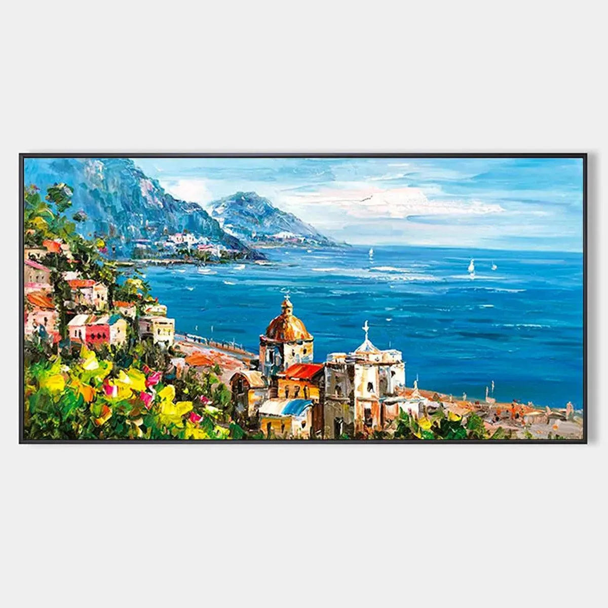 COASTAL MEDITERRANEAN TOWN: Vibrant Coastal Landscape Painting, Panoramic Wall Art