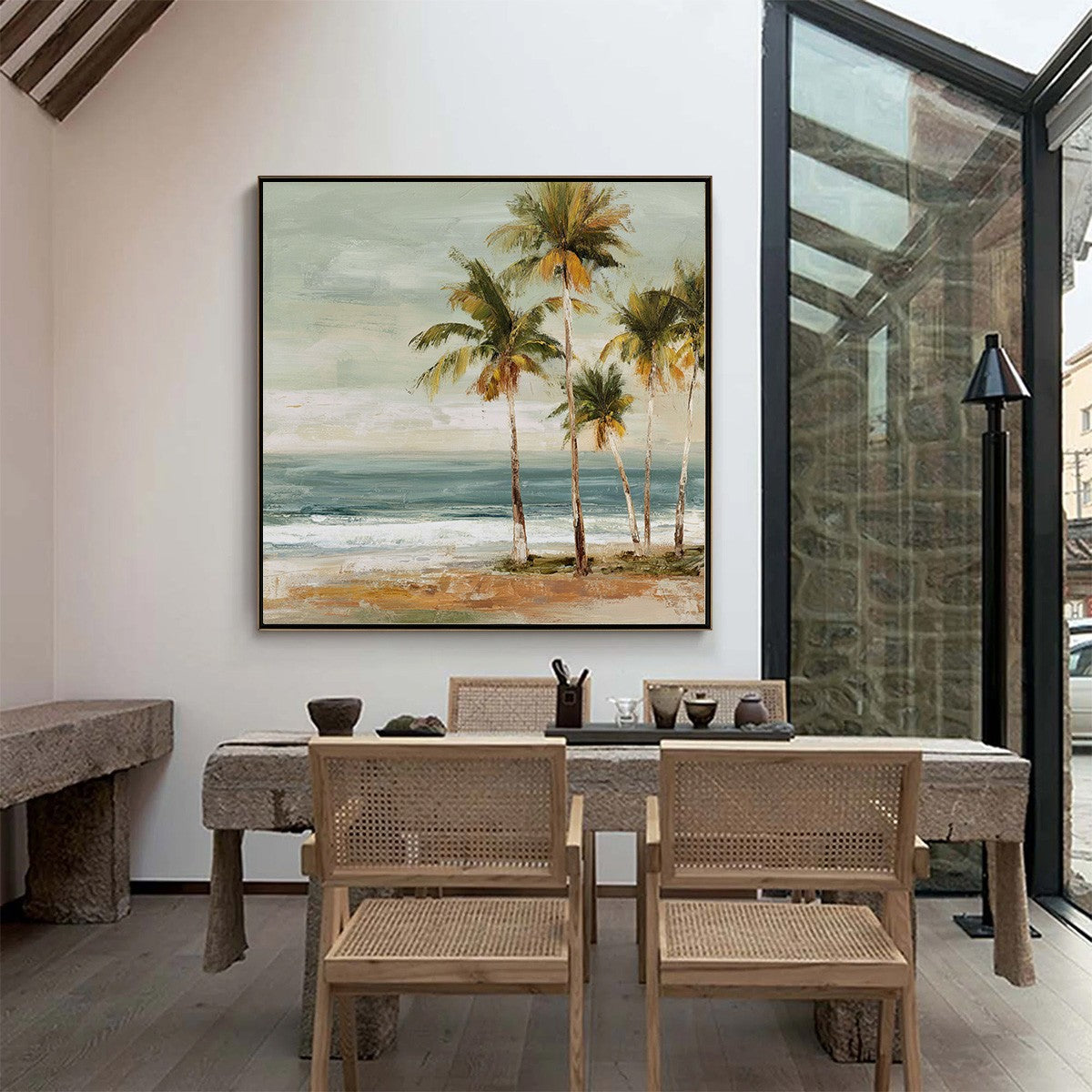 COASTAL WHISPER: Wabi Sabi Palm Tree Beach & Sea Painting - Image 8