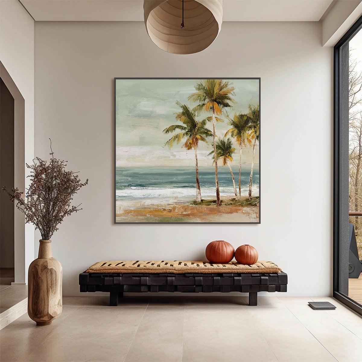 COASTAL WHISPER: Wabi Sabi Palm Tree Beach & Sea Painting - Image 4