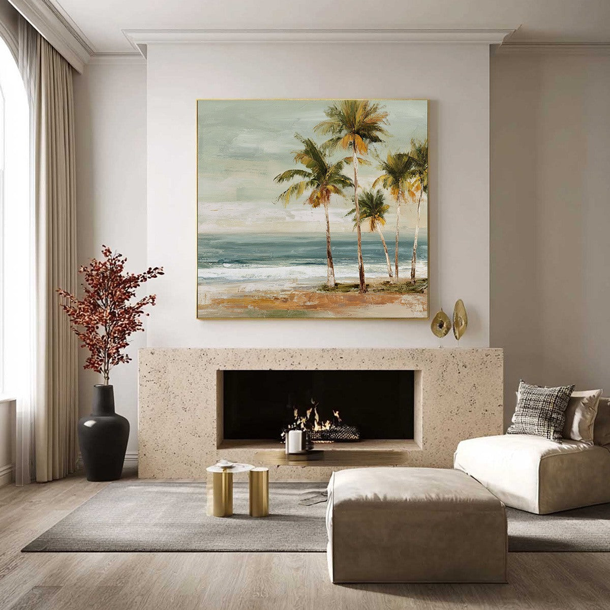 COASTAL WHISPER: Wabi Sabi Palm Tree Beach & Sea Painting - Image 2