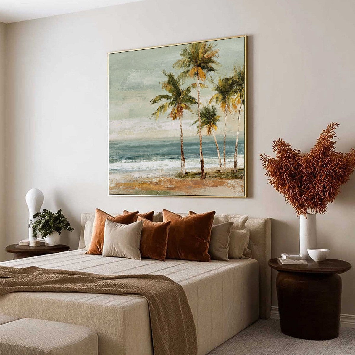 COASTAL WHISPER: Wabi Sabi Palm Tree Beach & Sea Painting - Image 6