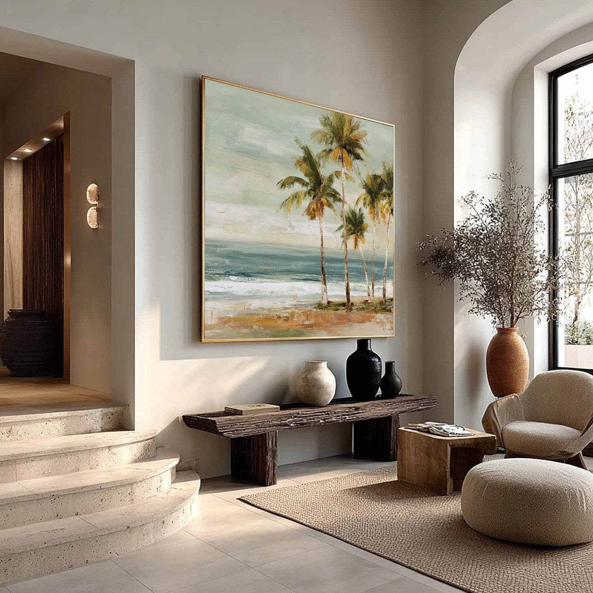 COASTAL WHISPER: Wabi Sabi Palm Tree Beach & Sea Painting - Image 7