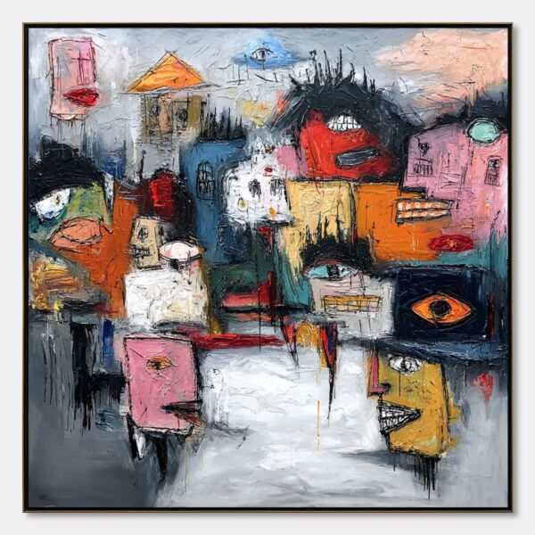 CONCRETE CARNIVAL: Large Colorful Abstract Impasto Cityscape Painting
