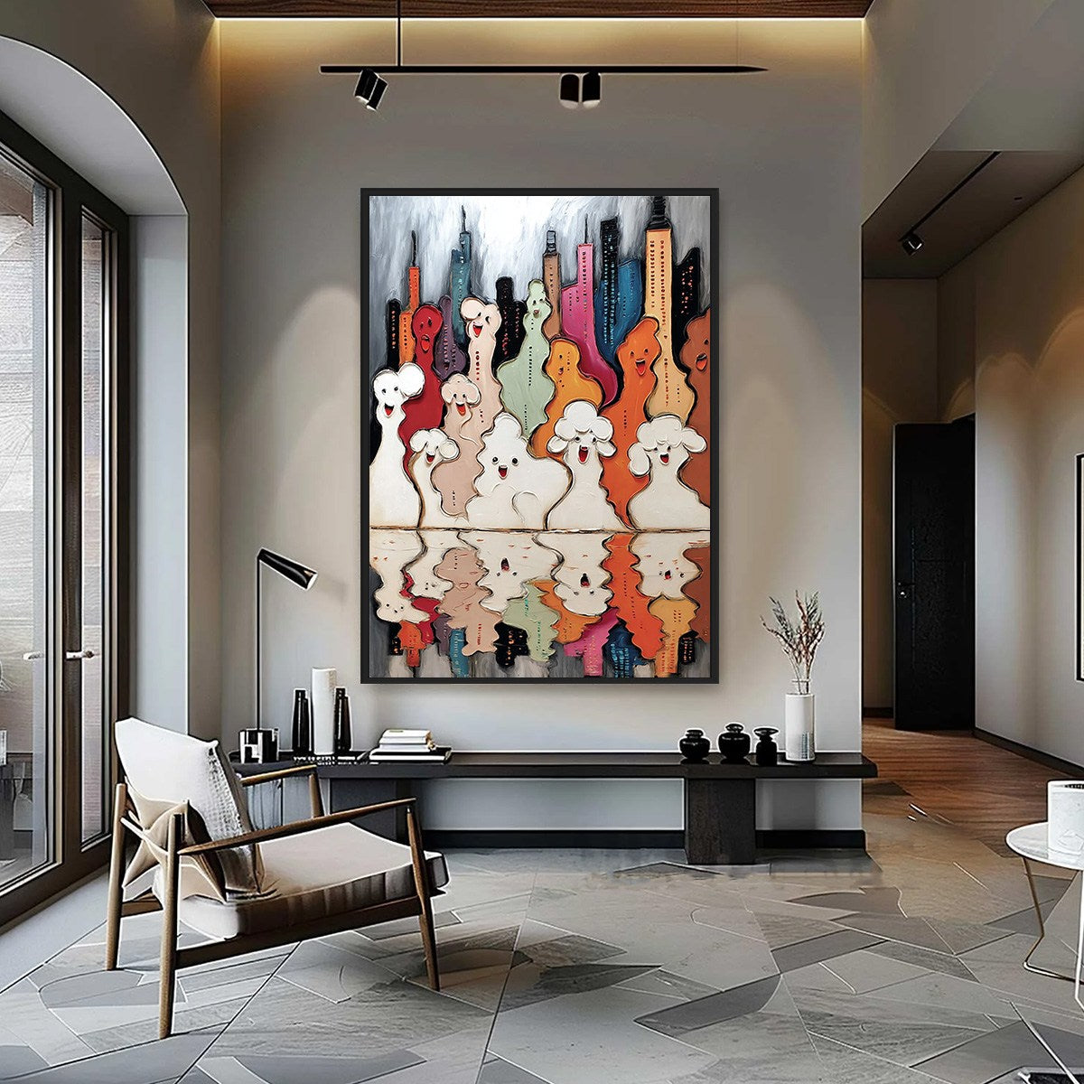 CONCRETE CARNIVAL: Textured Abstract Cityscape Painting with Whimsical Figures - Image 2