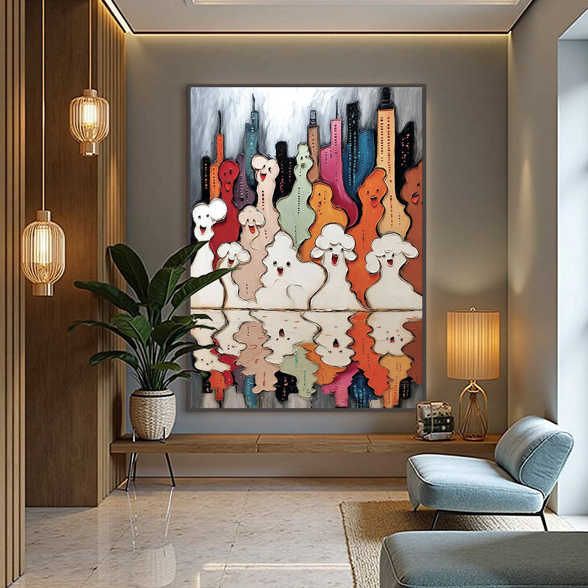 CONCRETE CARNIVAL: Textured Abstract Cityscape Painting with Whimsical Figures - Image 4