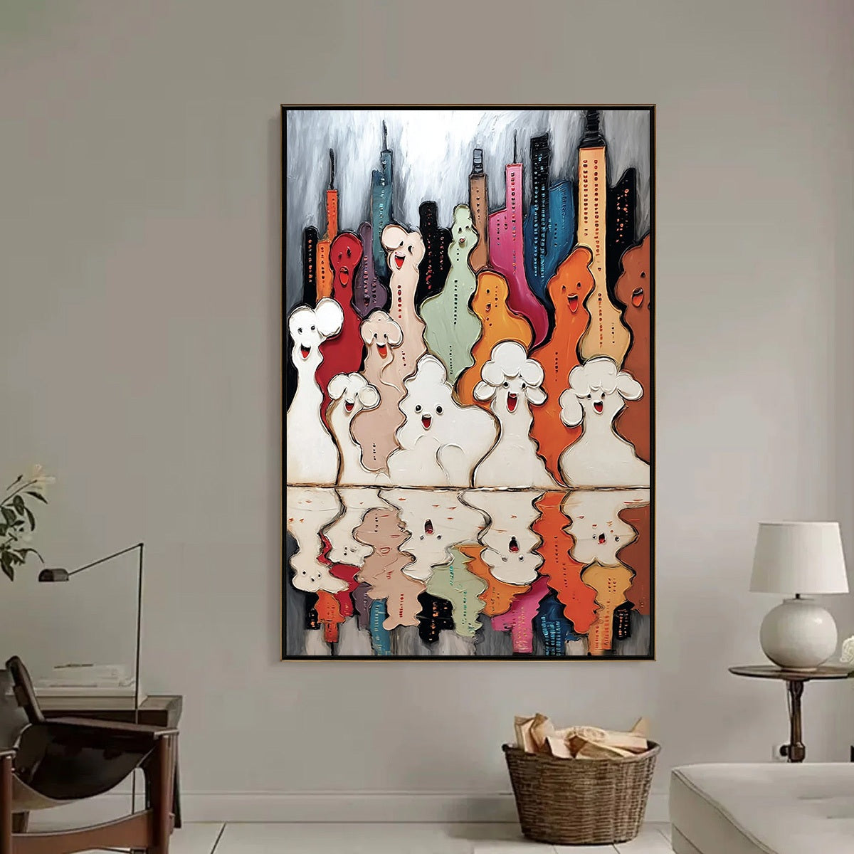 CONCRETE CARNIVAL: Textured Abstract Cityscape Painting with Whimsical Figures - Image 6