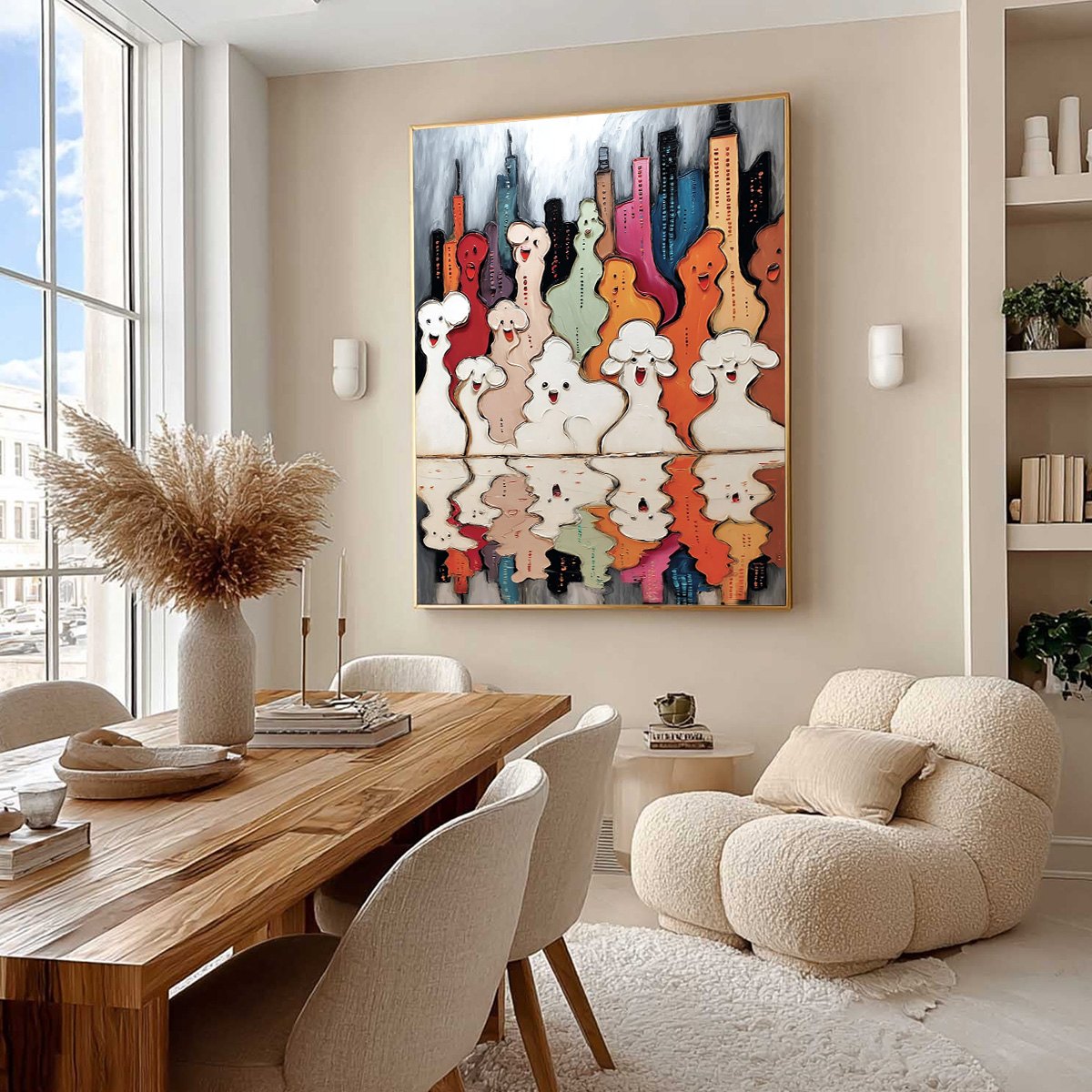 CONCRETE CARNIVAL: Textured Abstract Cityscape Painting with Whimsical Figures - Image 7