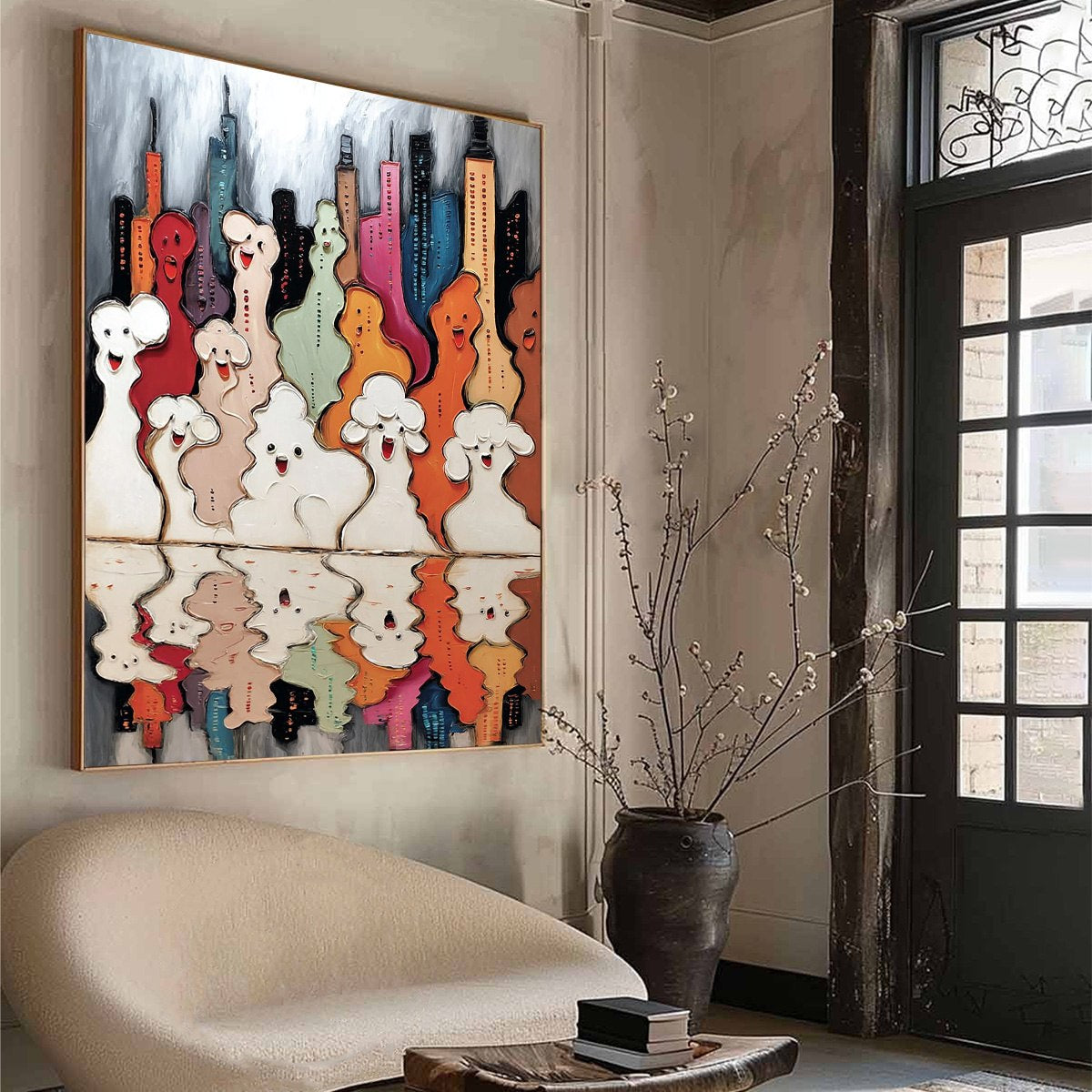 CONCRETE CARNIVAL: Textured Abstract Cityscape Painting with Whimsical Figures - Image 8