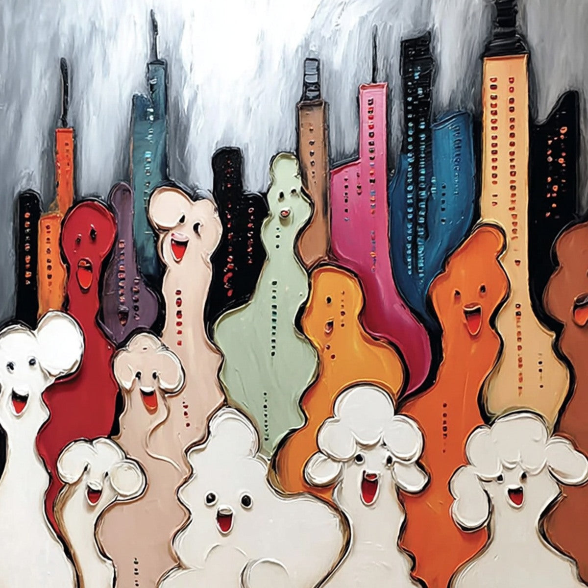 CONCRETE CARNIVAL: Textured Abstract Cityscape Painting with Whimsical Figures - Image 3