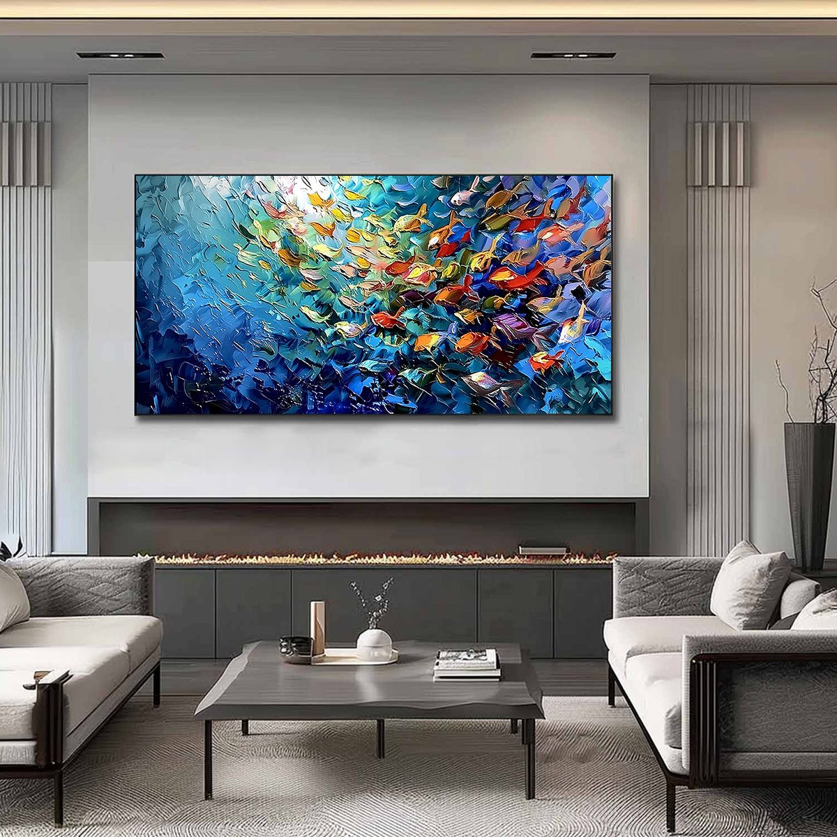 CORAL RUSH: Textured Impasto Painting of a Vibrant School of Fish - Image 2