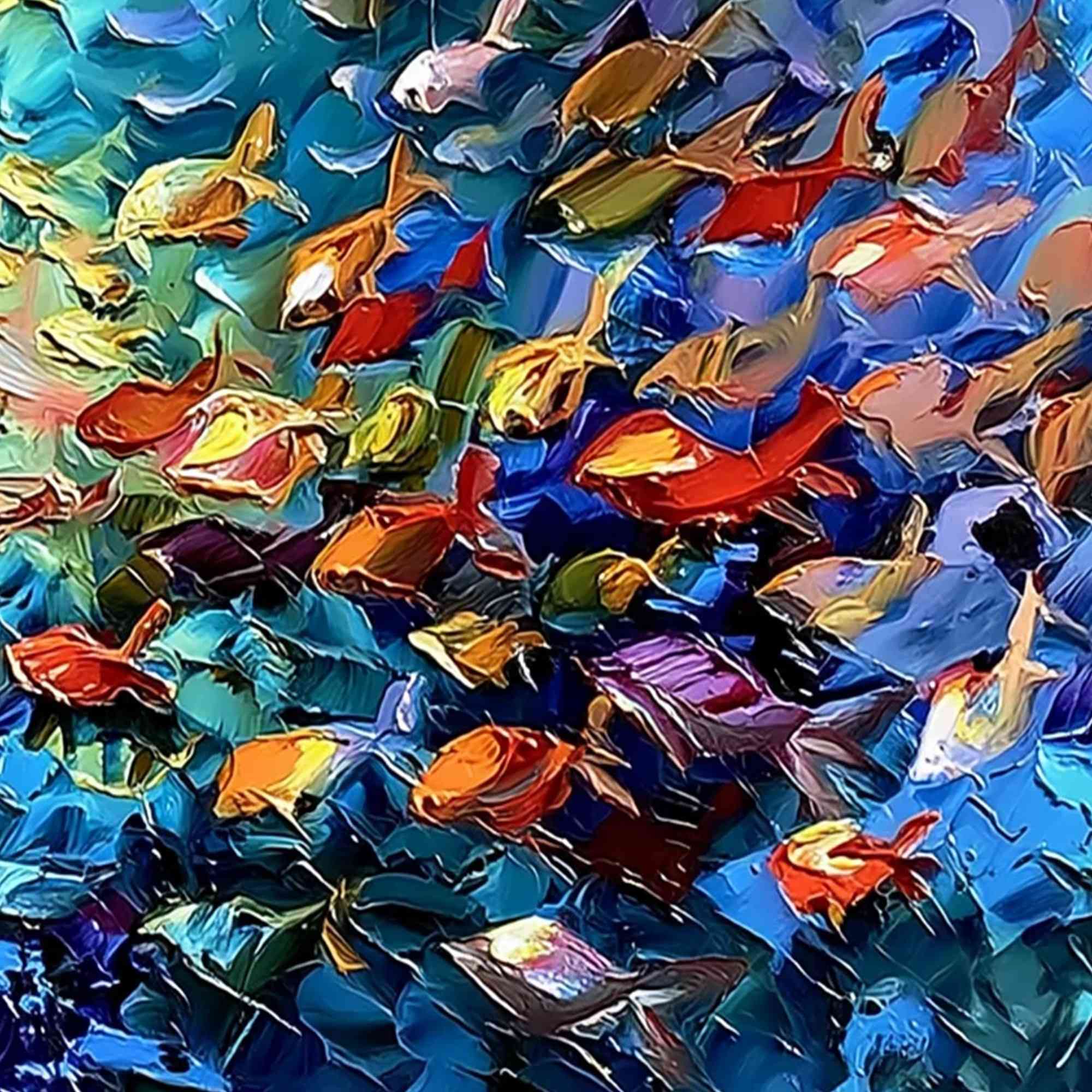 CORAL RUSH: Textured Impasto Painting of a Vibrant School of Fish - Image 5