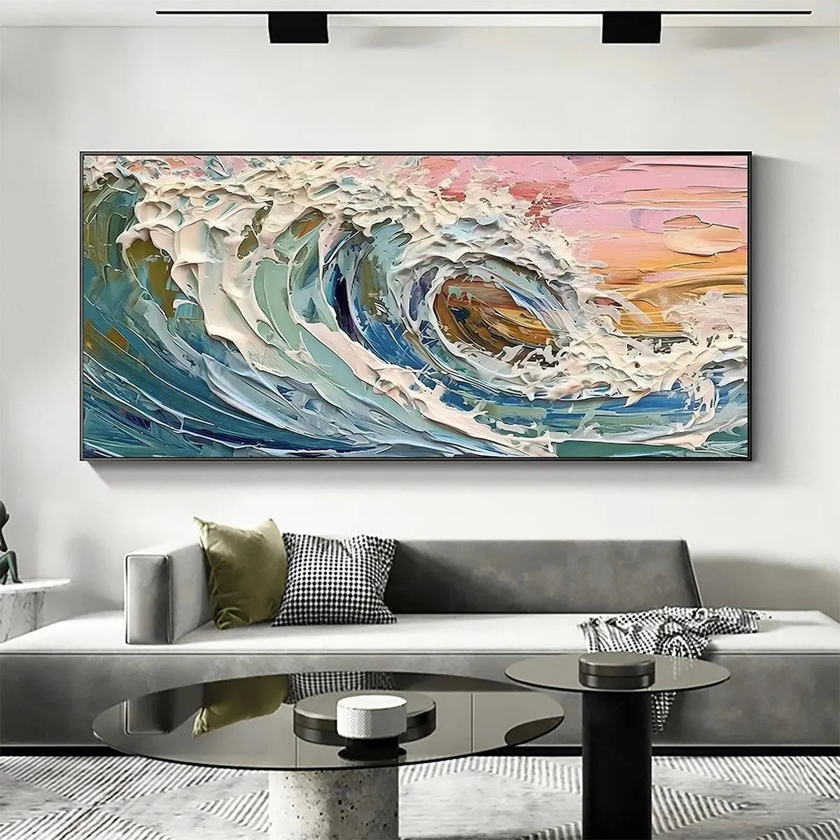 CORAL CREST: Textured Ocean Wave Painting in Pink and Blue - Image 2