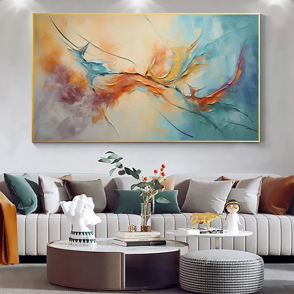 CORAL REEF: Panoramic Abstract Blue and Orange Oil Painting - Image 5