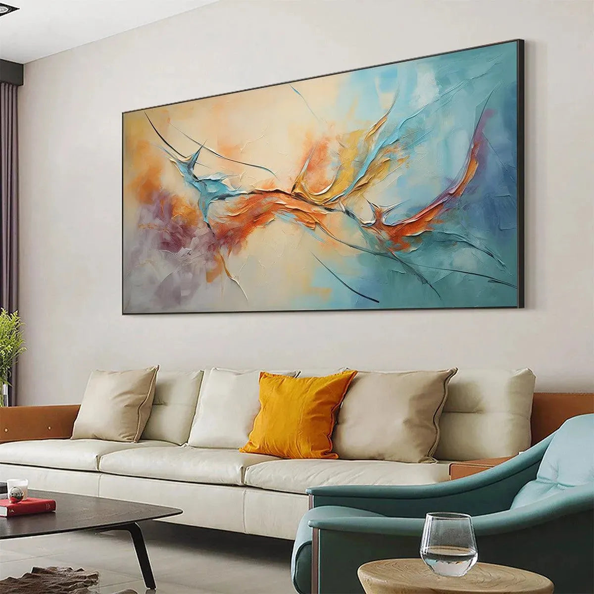 CORAL REEF: Panoramic Abstract Blue and Orange Oil Painting - Image 6