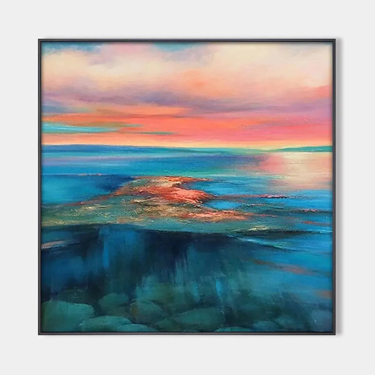 CORAL REEF SUNSET: Vibrant Coastal Sunset Painting, Square Wall Art