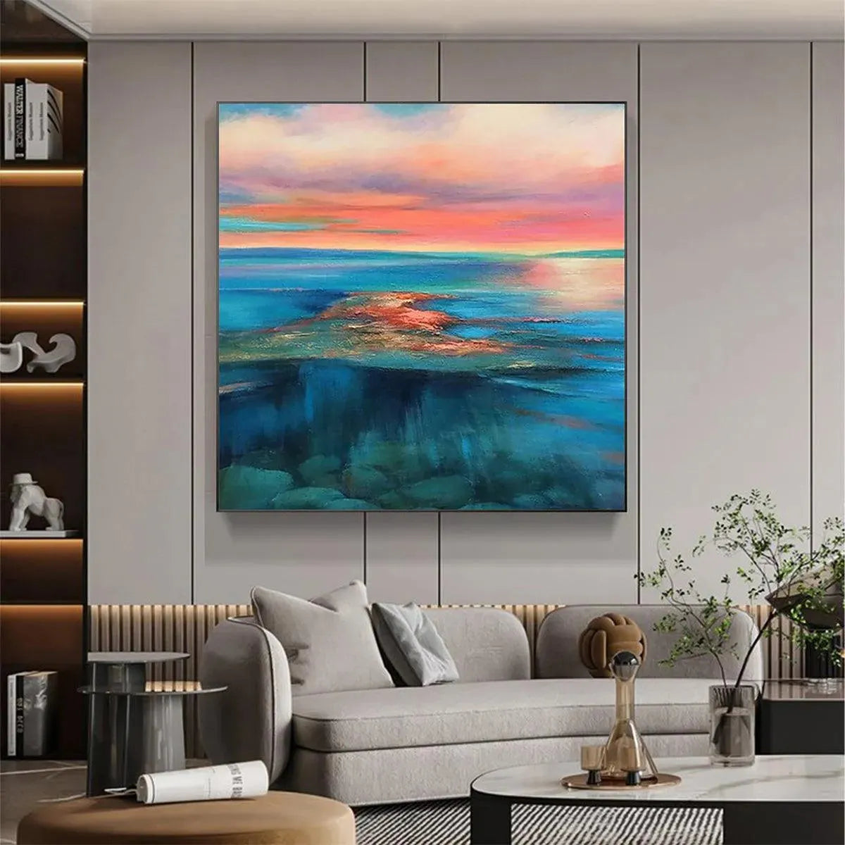 CORAL REEF SUNSET: Vibrant Coastal Sunset Painting, Square Wall Art - Image 2