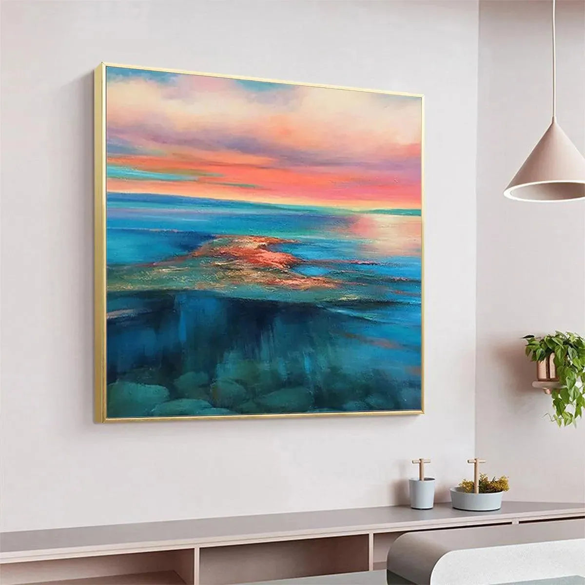 CORAL REEF SUNSET: Vibrant Coastal Sunset Painting, Square Wall Art - Image 6