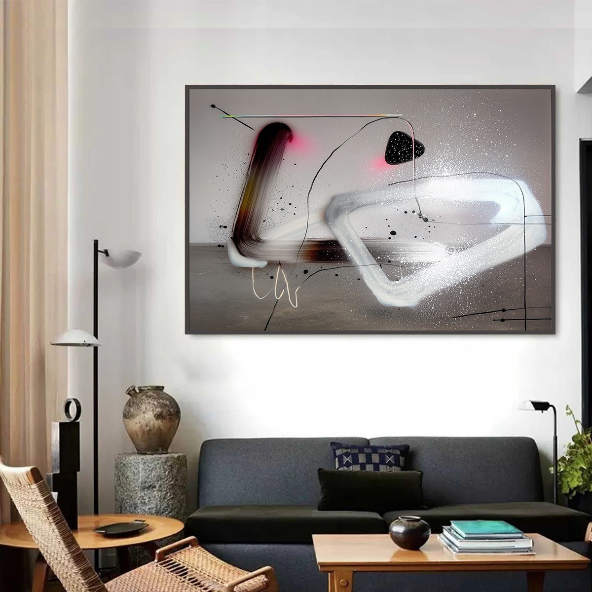 COSMIC DRIFT: Abstract Minimalist Oil Painting on Grey - Image 3
