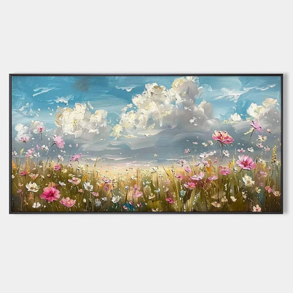 COSMOS FIELD: Textured Floral Landscape Painting, Impasto Wall Art, Horizontal Canvas, Wildflower Decor