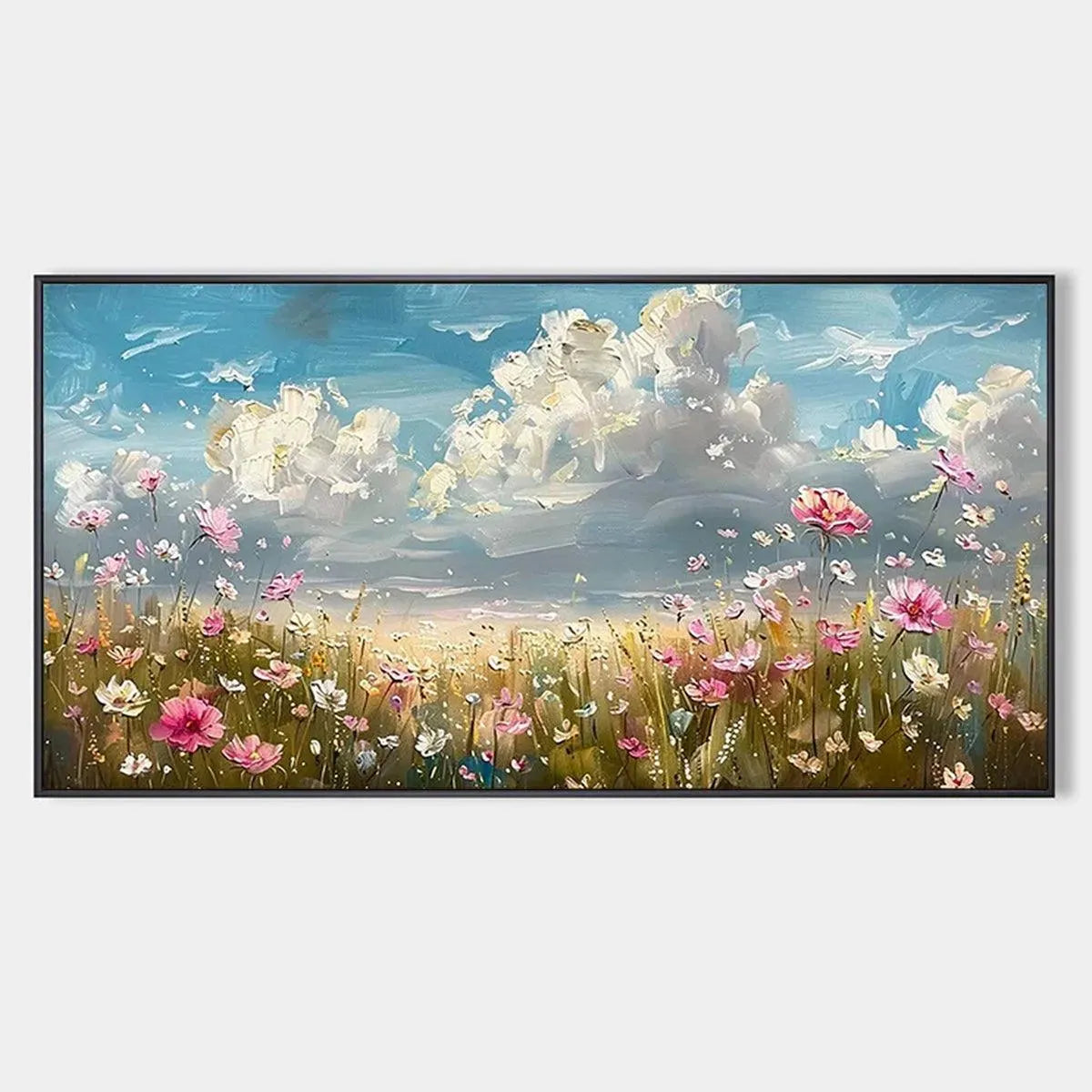 COSMOS FIELD: Textured Floral Landscape Painting, Impasto Wall Art, Horizontal Canvas, Wildflower Decor