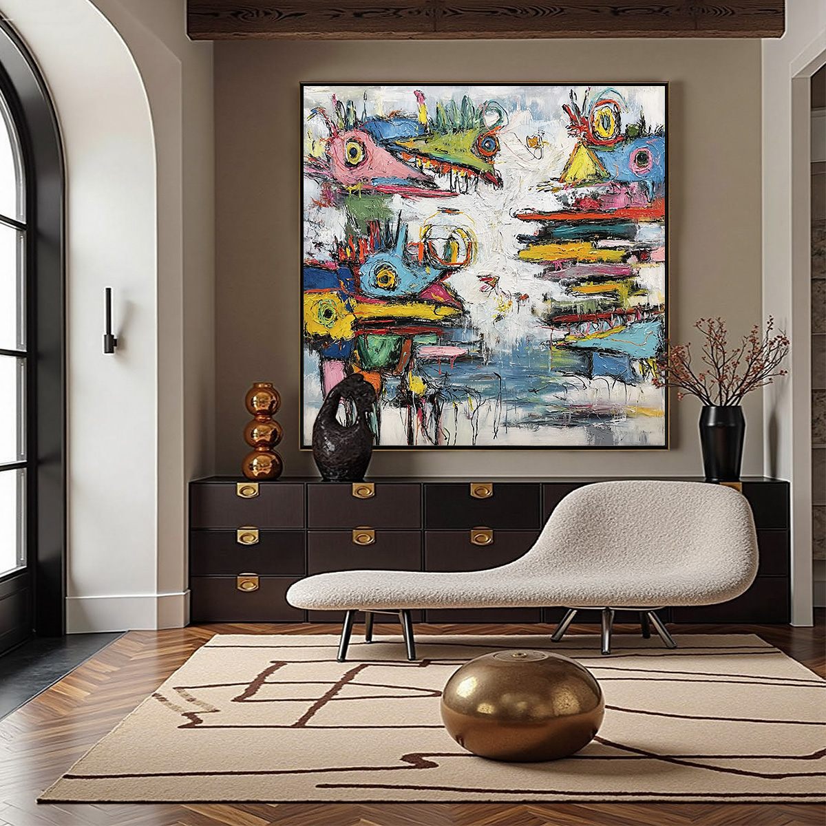 CREATURE CARNIVAL: Colorful Abstract Impasto Painting with Whimsical Figures - Image 4