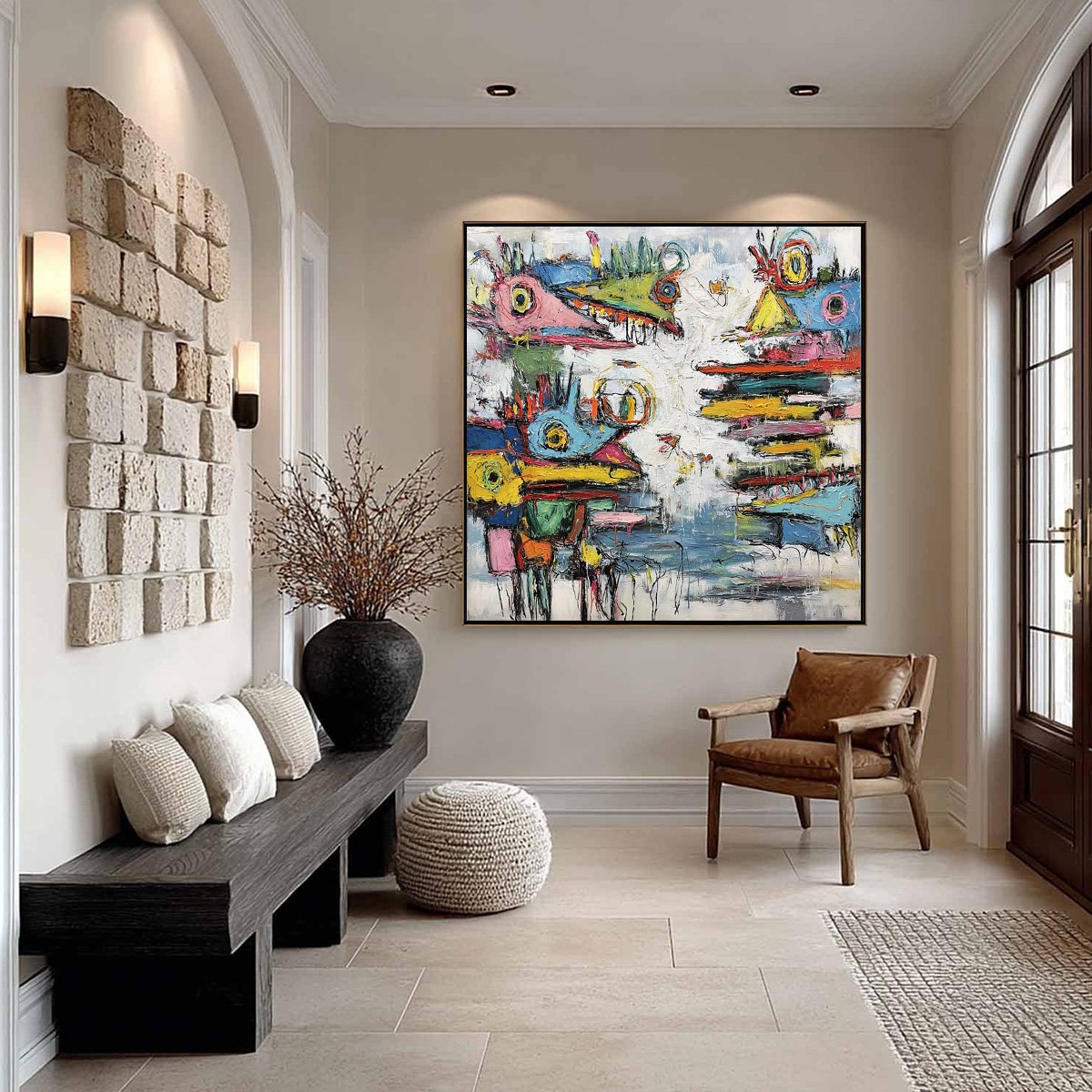 CREATURE CARNIVAL: Colorful Abstract Impasto Painting with Whimsical Figures - Image 6