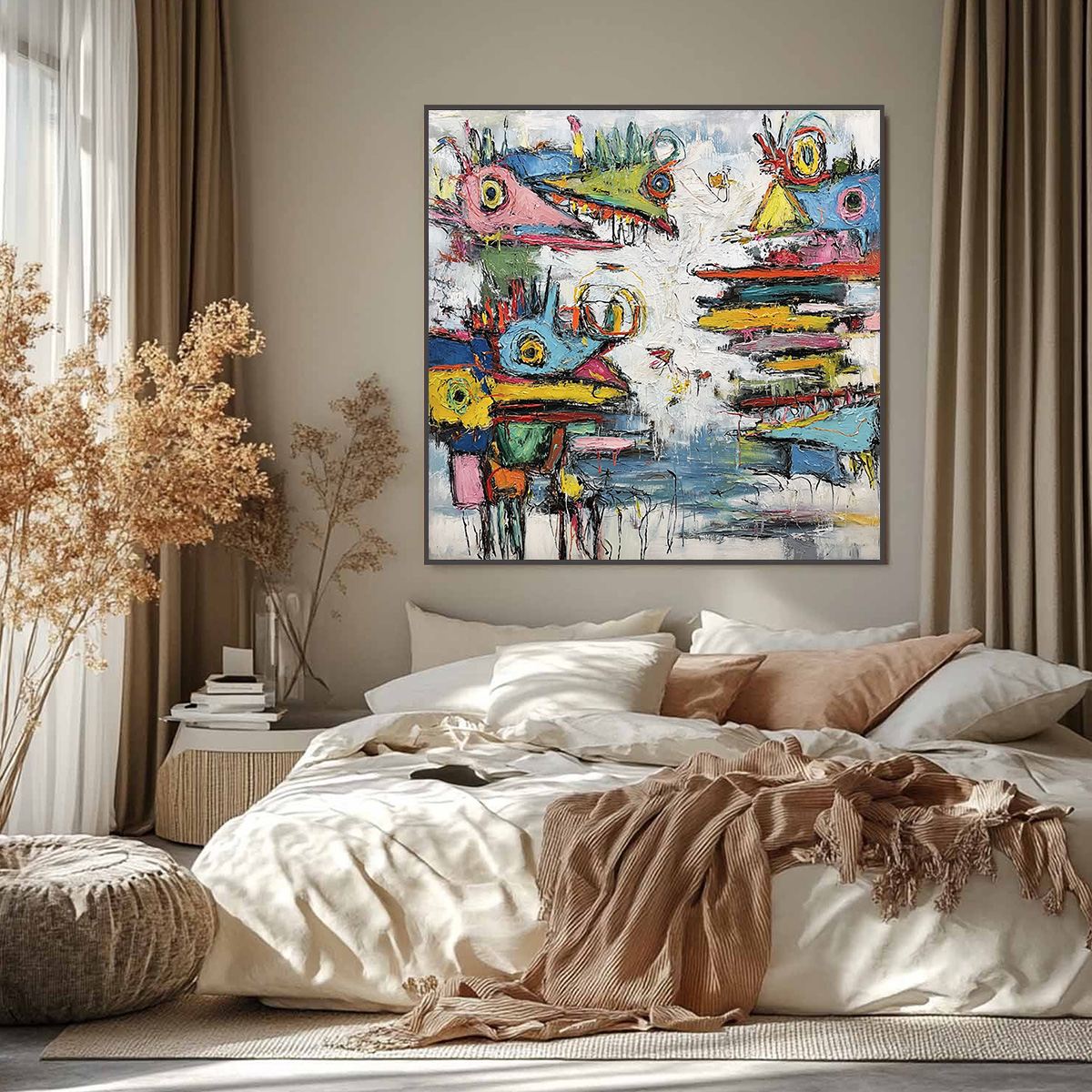 CREATURE CARNIVAL: Colorful Abstract Impasto Painting with Whimsical Figures - Image 2