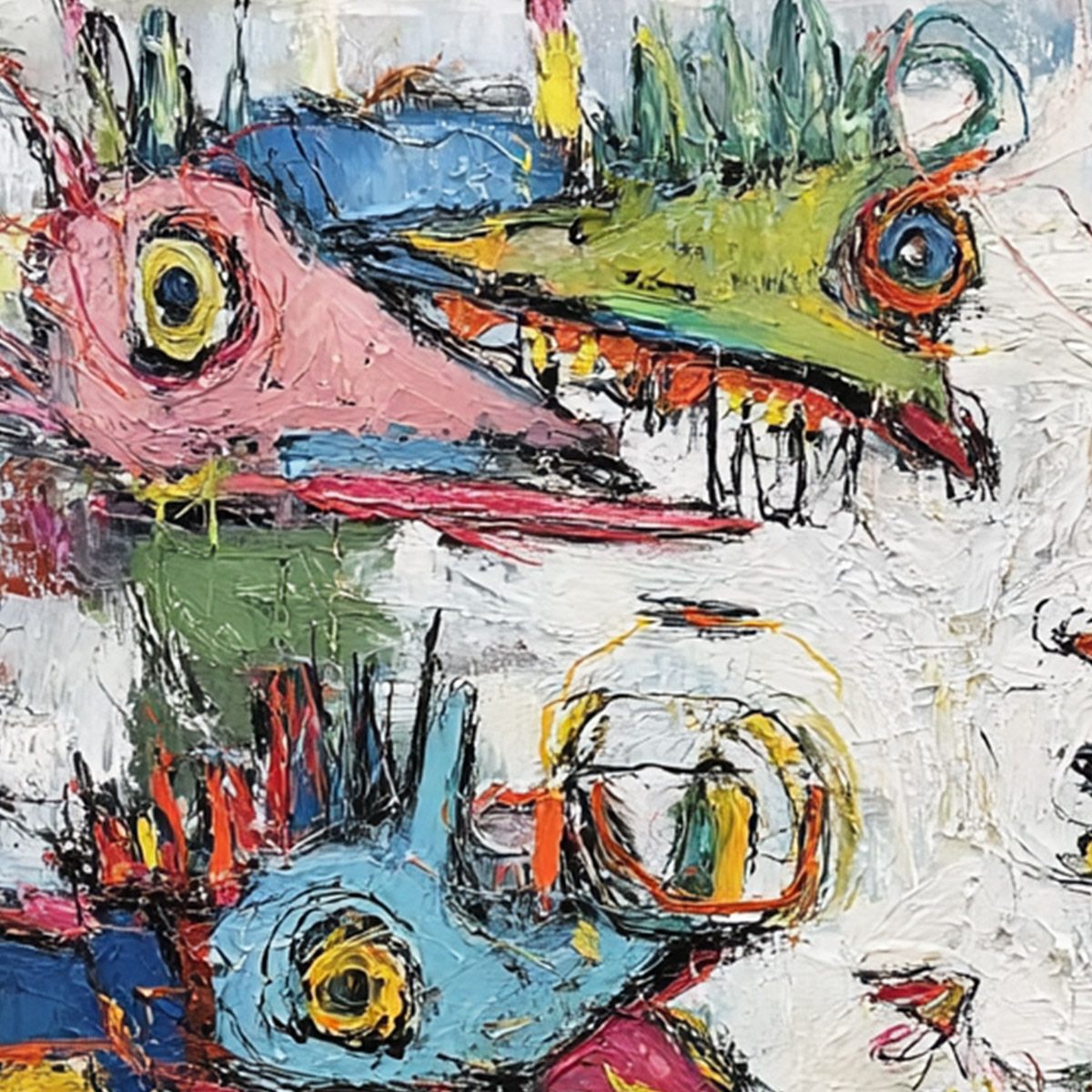 CREATURE CARNIVAL: Colorful Abstract Impasto Painting with Whimsical Figures - Image 3