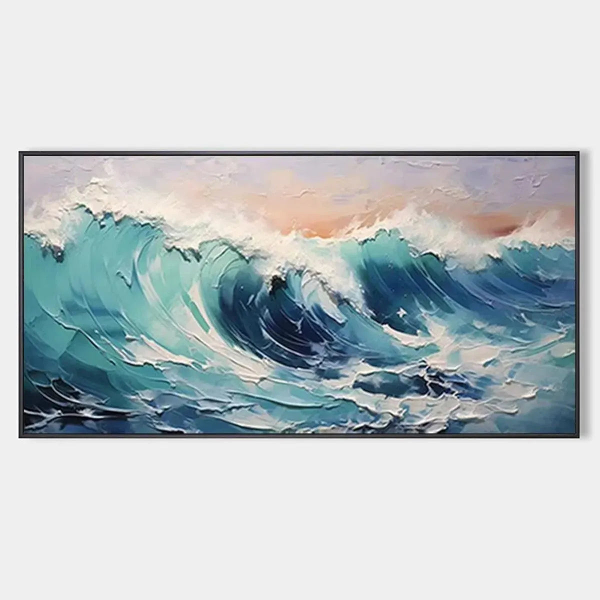 CRESTING WAVE: Textured Ocean Painting, Turquoise Wave Wall Art, Panoramic Canvas, Seascape Decor