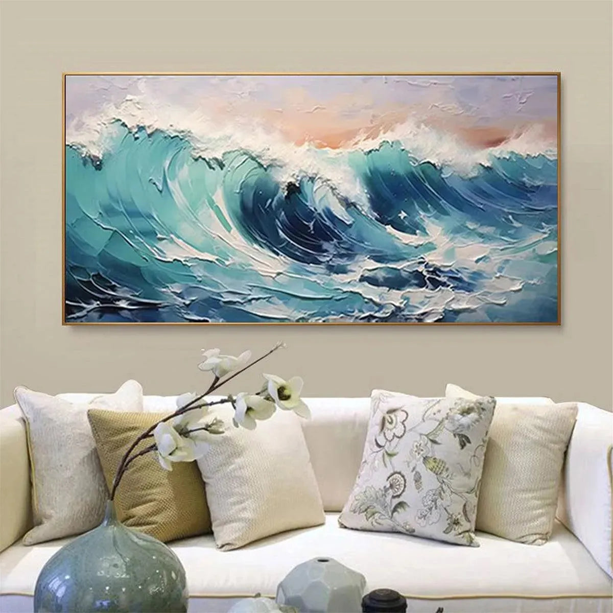 CRESTING WAVE: Textured Ocean Painting, Turquoise Wave Wall Art, Panoramic Canvas, Seascape Decor - Image 4
