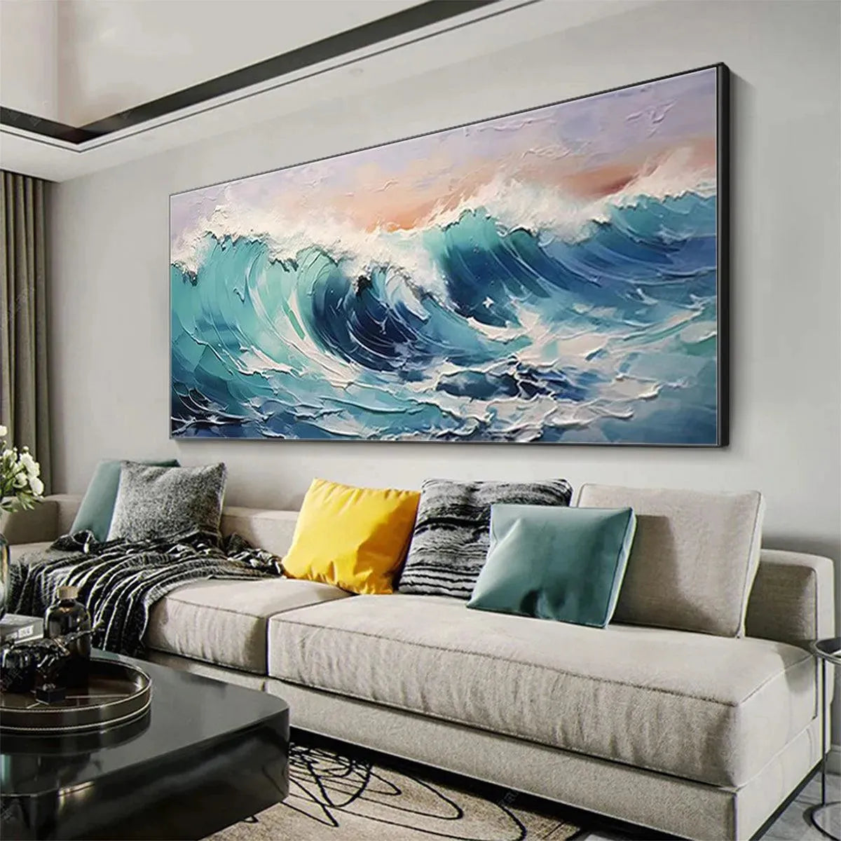CRESTING WAVE: Textured Ocean Painting, Turquoise Wave Wall Art, Panoramic Canvas, Seascape Decor - Image 5