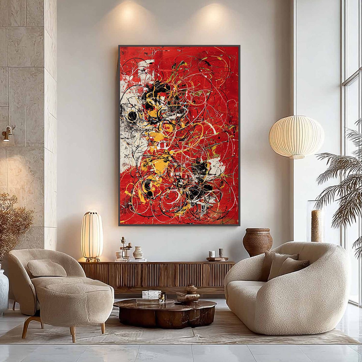 CRIMSON CHAOS: Large Vertical Red and Black Abstract Action Painting - Image 6