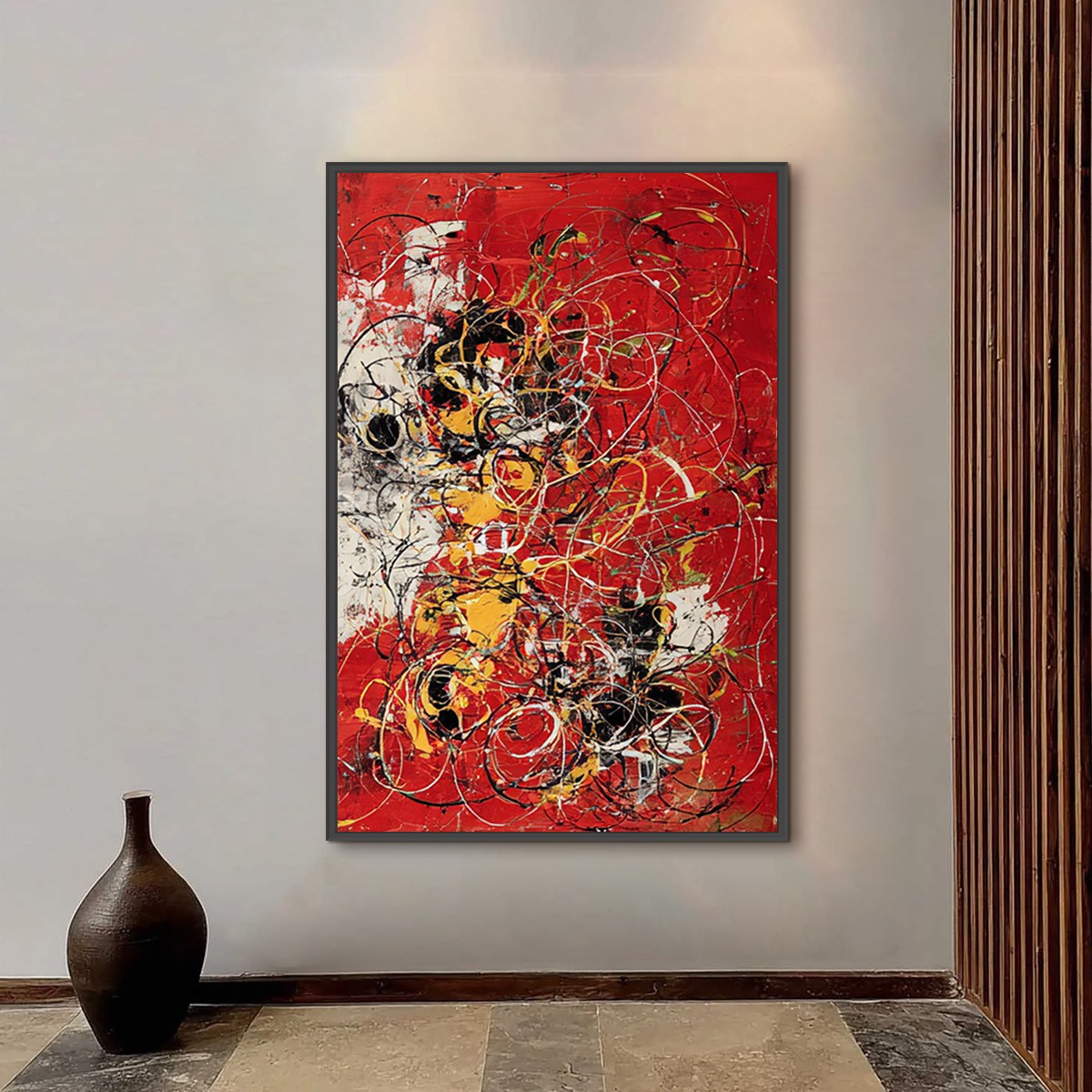 CRIMSON CHAOS: Large Vertical Red and Black Abstract Action Painting - Image 4