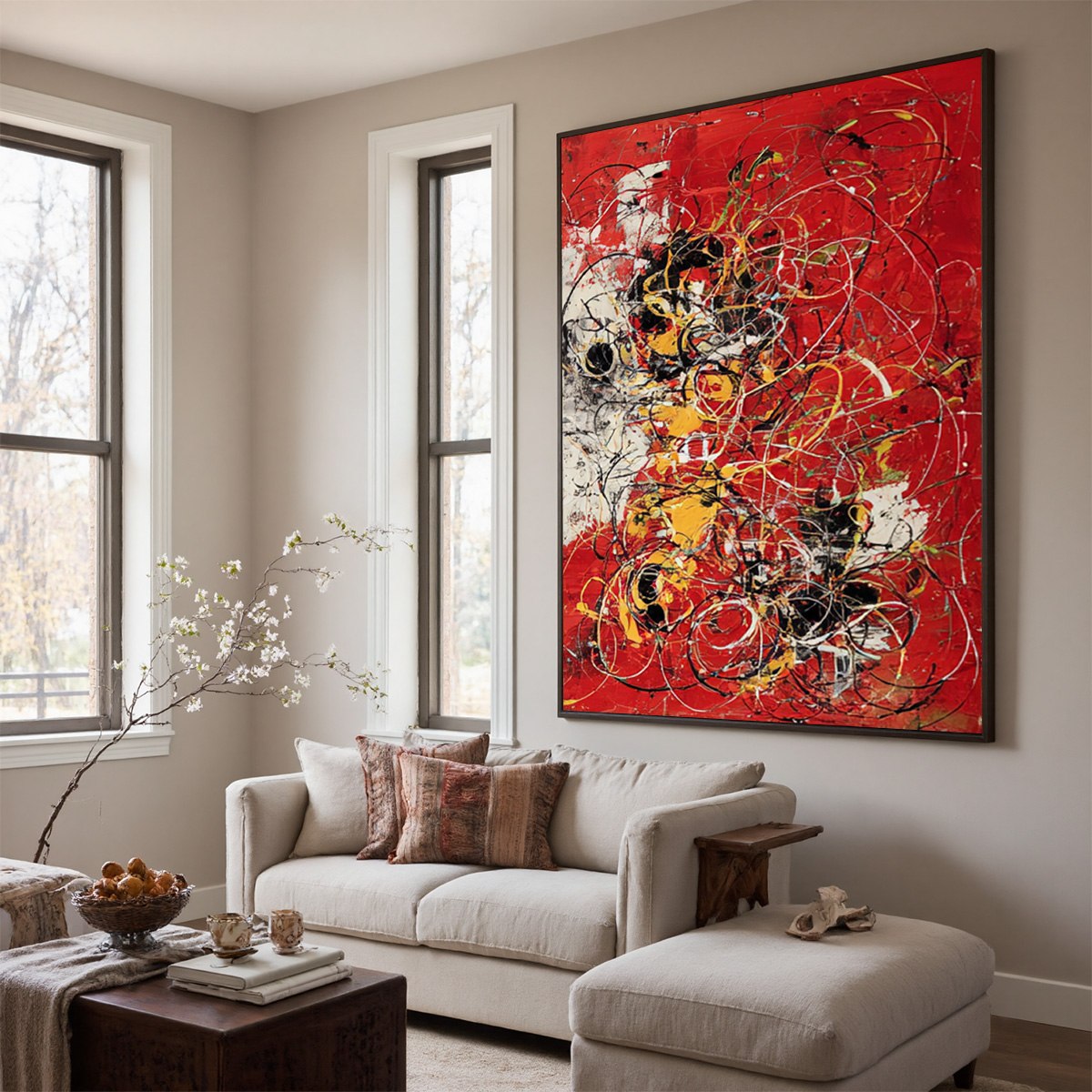 CRIMSON CHAOS: Large Vertical Red and Black Abstract Action Painting - Image 7