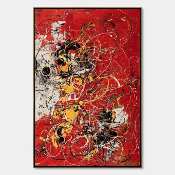 CRIMSON CHAOS: Large Vertical Red and Black Abstract Action Painting