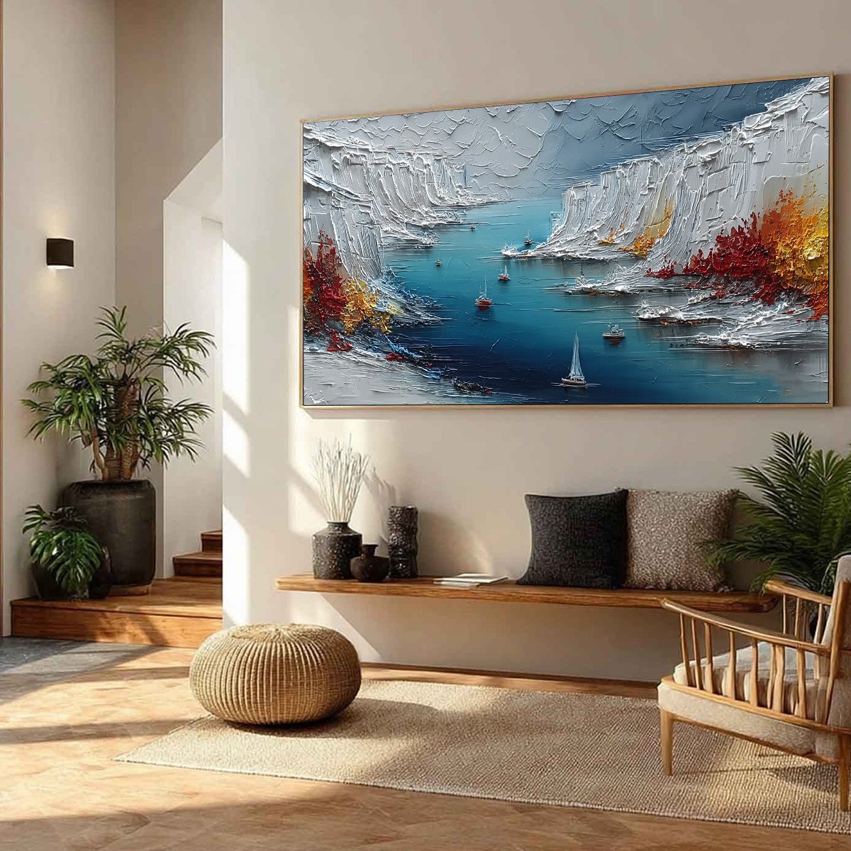 CRIMSON FJORD: Heavily Textured Palette Knife Coastal Landscape Painting - Image 8