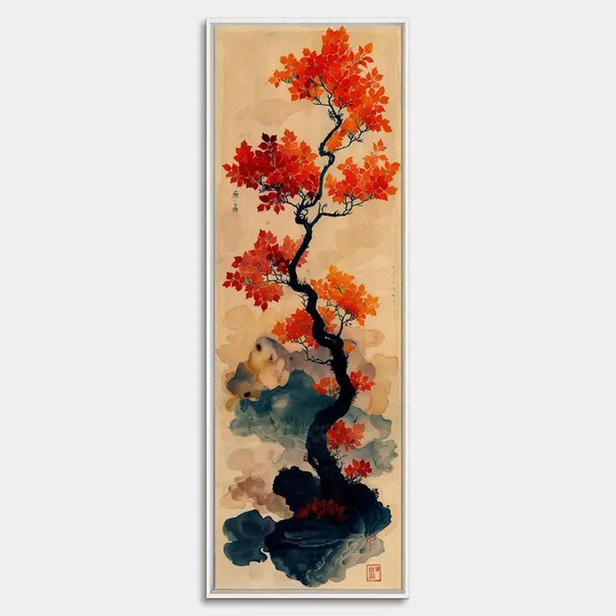 CRIMSON AUTUMN BONSAI: Tree Painting, Vertical Wall Art, Asian Decor